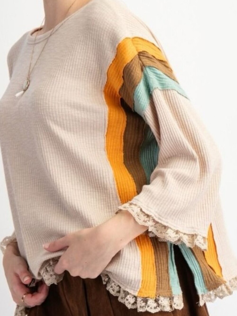 Easel Cream Ribbed Knit Colorblock Boho Top - Picture 8 of 8